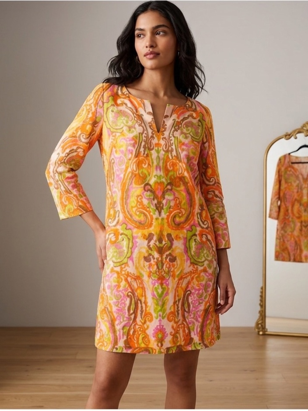 J. Crew Colorful Paisley Antonia 100% Linen Shift Dress 3/4 Sleeves SZ 8
